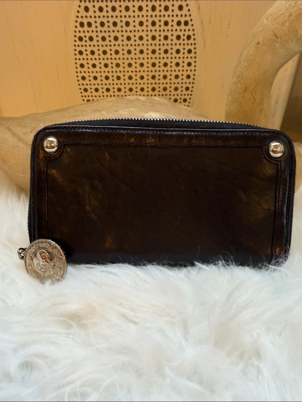 Fendi- Black Leather Zip Wallet with Coin Charm